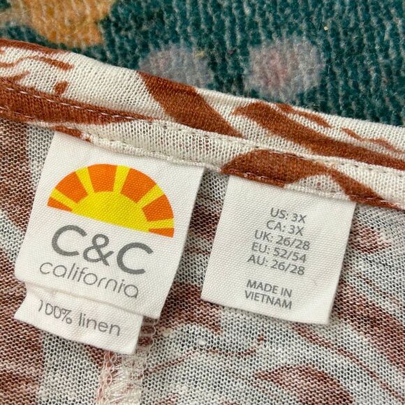 C&C California Blouse Top Womens 3X Brown White Linen 3/4 Sleeve V-Neck Coastal - Picture 8 of 12